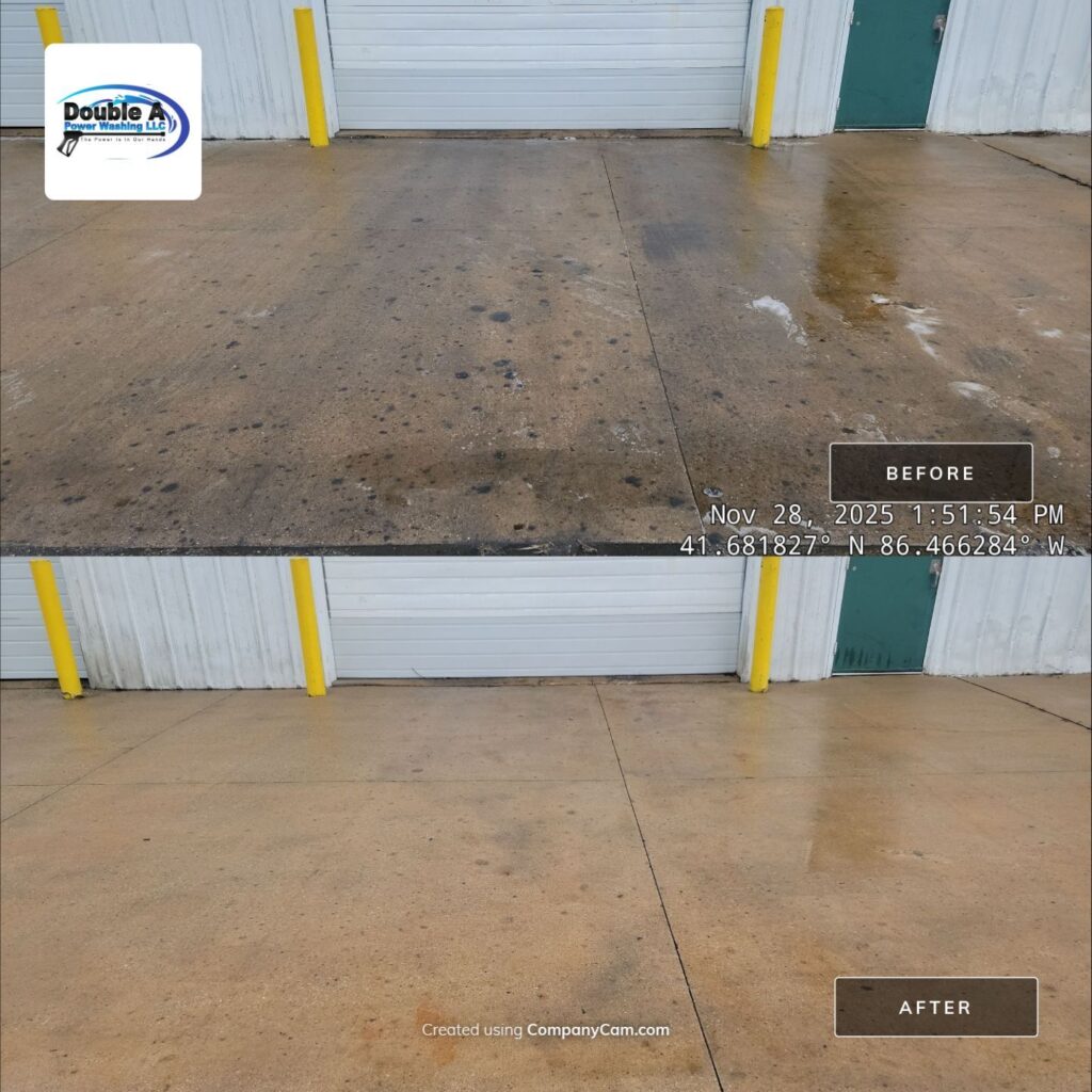 Comparison Showing A Concrete Driveway Outside A Garage Bay Before And After Pressure Washing.