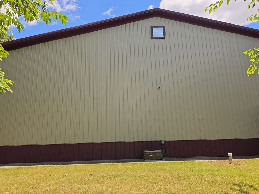 After — Our Soft Wash Method Safely Cleans Large-Scale Metal Siding To Restore A Bright, Professional Appearance. — Double A Power Washing