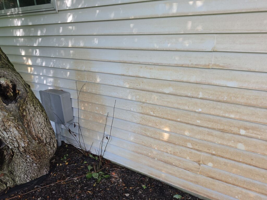 Before — This Vinyl Siding Was Heavily Discolored By Orange Irrigation Rust Stains Before Our Specialized Restoration Process. — Double A Power Washing
