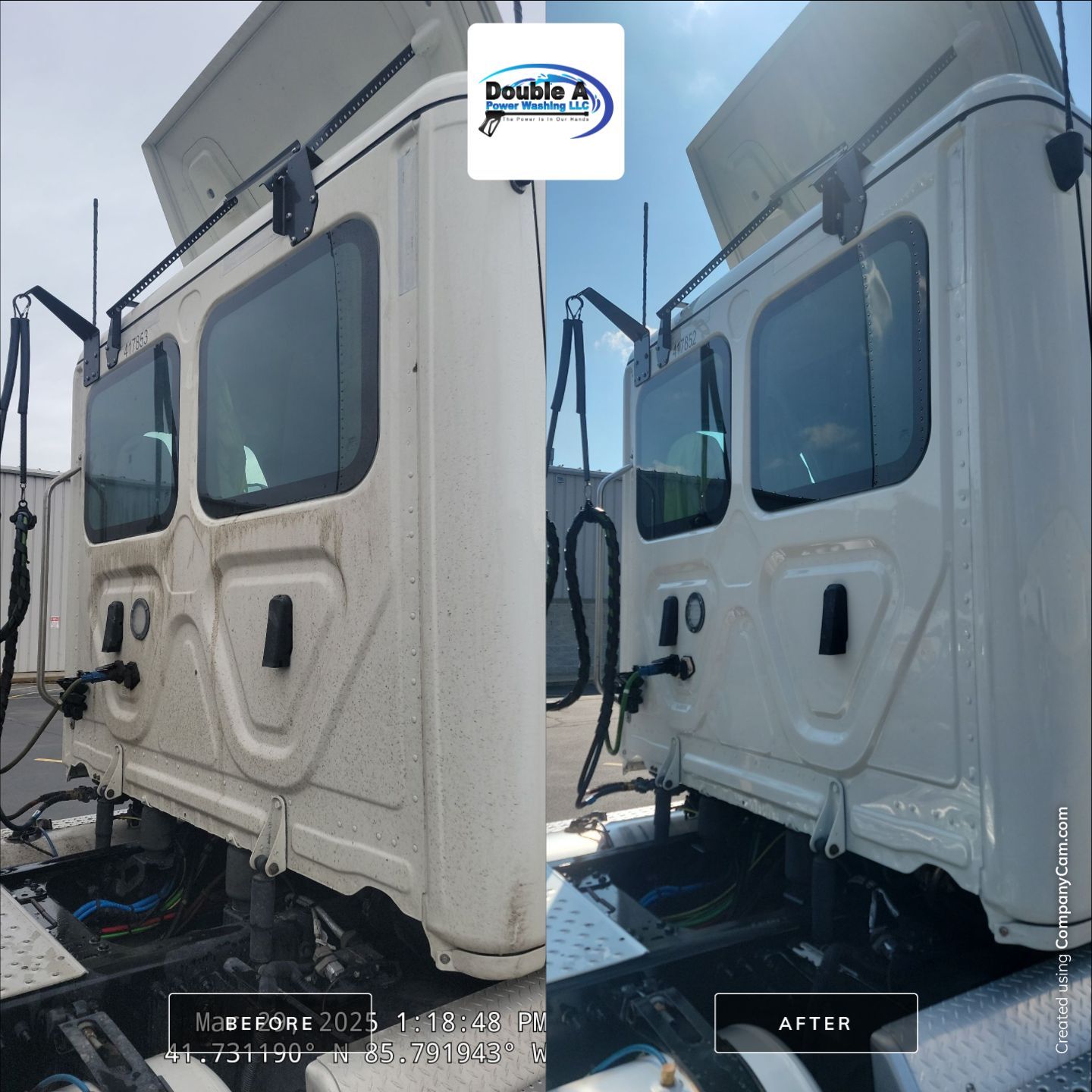 Before And After: This Side-By-Side Comparison Shows How Our Fleet Washing Service Cuts Through Heavy Road Grime To Restore A Bright, Professional Shine To Commercial Trucks.. Double A Power Washing