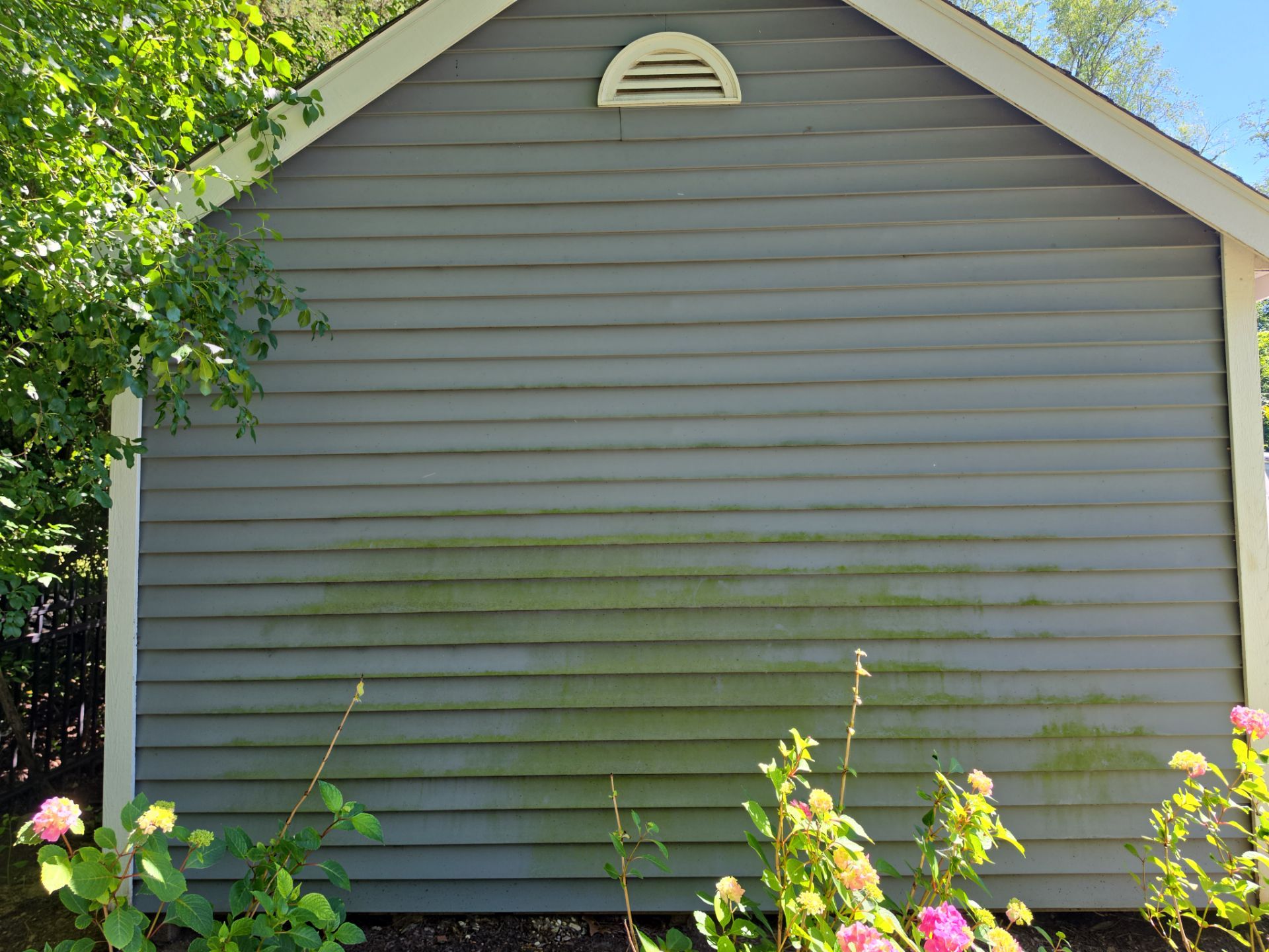 Before: This Vinyl Siding Showed Significant Green Algae Buildup On The Shaded Lower Half Before Our Soft Wash Treatment Safely Restored Its Clean Appearance.. Double A Power Washing