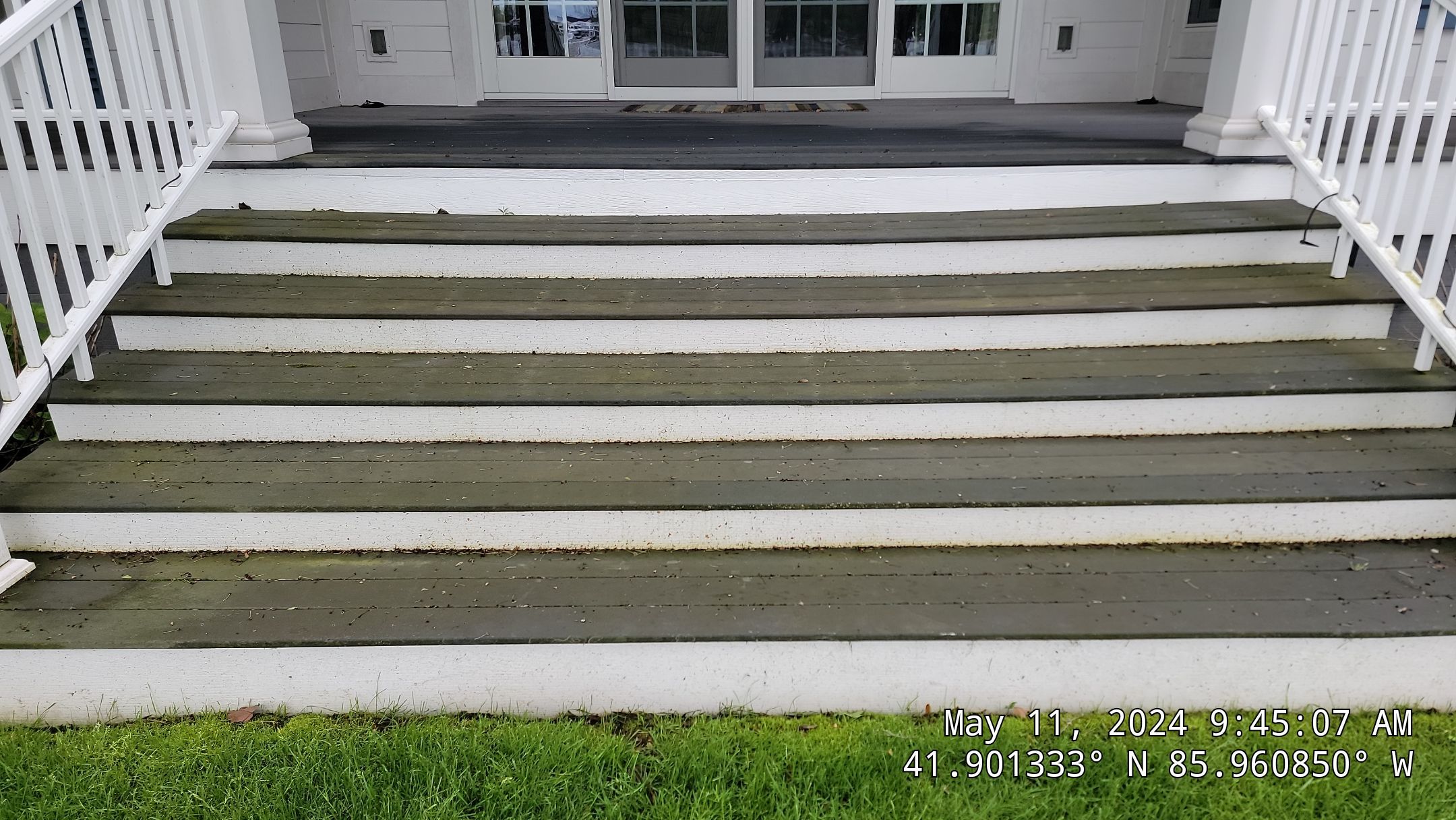Before: Slippery Green Algae Buildup On These Front Porch Steps Creates A Safety Hazard And Eyesore Before A Professional Soft Wash.. Double A Power Washing