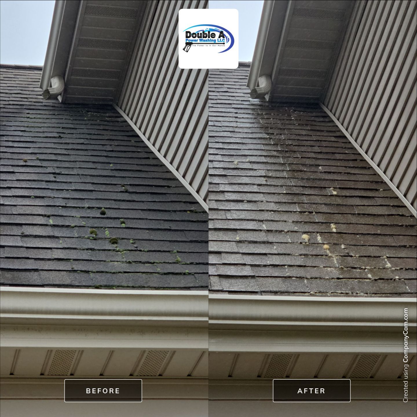 Before And After: This Side-By-Side Comparison Shows How Our Soft-Wash Treatment Immediately Neutralizes Moss And Algae Growth On Asphalt Shingles.. Double A Power Washing