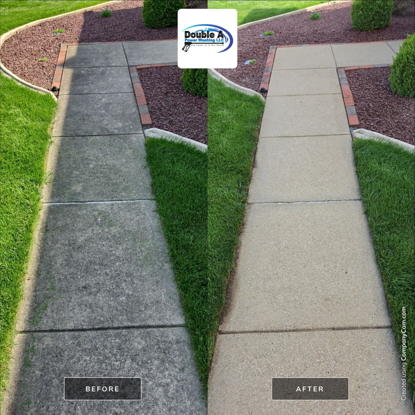 This Side-By-Side Comparison Shows How Professional Pressure Washing Completely Removes Years Of Dark Organic Growth And Algae From Concrete Walkways, Restoring Their Bright, Clean Appearance. Concrete And Driveway Cleaning. Double A Power Washing